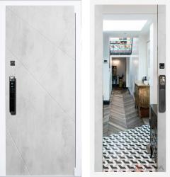 Отделка внешняя: МДФ панель с фрезеровкой, Цвет: Бетон светлый  / внутренняя: МДФ панель с зеркалом 16мм, Цвет: Бетон светлый  /  Замки Основной: MirLock FD8512 биометрический с face ID русским голосом и интерком (4 класс)  / дополнительный: Kale 257 R (4 класс)  Стальная дверь Арма Концепт Вайт Face ID 11 с зеркалом "Бетон светлый" (входная металлическая дверь)