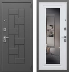 Отделка внешняя: Металл с выдавленным рисунком, Цвет: Букле графит  / внутренняя: МДФ панель с зеркалом 10мм, Цвет: Белый ясень  /  Замки Основной: GALEON 1211 (2 класс)  / дополнительный: GALEON 1001 (2 класс)  Стальная дверь АСД Арсенал "Букле" с зеркалом (входная металлическая дверь)