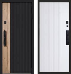 Отделка внешняя: Сборная МДФ панель 10мм, Цвет: Черный кварц  / внутренняя: МДФ панель с фрезеровкой 6мм, Цвет: Белый матовый  /  Замки Основной: Smart lock DZ 888 (4 класс)  / дополнительный: Galeon 817 (2 класс)  Стальная дверь АСД Конструктор с биометрическим замком Smart lock DZ 888 (входная металлическая дверь)
