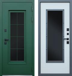 Отделка внешняя: Металл, цинкосодержащий грунт, полимерное покрытие, Цвет: Муар зеленый  / внутренняя: МДФ панель с фрезеровкой 16мм, Цвет: Лайт грей софт  /  Замки Основной: Гардиан 32.11 (4 класс)  / дополнительный: Гардиан 30.01 (2 класс)  Стальная дверь АСД Олимп ТЕРМО с окном и английской решеткой (входная металлическая дверь)