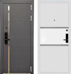 Отделка внешняя: МДФ панель с фрезеровкой 16мм, Цвет: Графит  / внутренняя: МДФ панель с металлическими вставками 16мм, Цвет: Белый  /  Замки Основной: MirLock FT714 биометрический (4 класс)  / дополнительный: Гардиан 30.01 (2 класс)  Стальная дверь Баяр 1 Дизайн 04 (входная металлическая дверь)