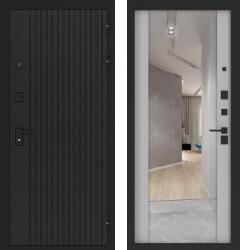 Отделка внешняя: МДФ панель с фрезеровкой 10мм, Цвет: Лофт черный  / внутренняя: МДФ панель с зеркалом 16мм, Цвет: Лайт грей софт  /  Замки Основной: KALE 442 (4 класс)  / дополнительный: KALE 447L (3 класс)  Стальная дверь Бункер BN-06 ФЛЗ-1 "Лайт грей софт" (входная металлическая дверь)
