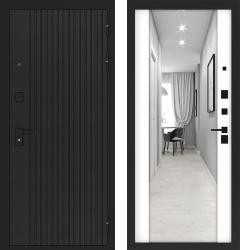 Отделка внешняя: МДФ панель с фрезеровкой 10мм, Цвет: Лофт черный  / внутренняя: МДФ панель с зеркалом 16мм, Цвет: Белый софт  /  Замки Основной: KALE 442 (4 класс)  / дополнительный: KALE 447L (3 класс)  Стальная дверь Бункер BN-06 ФЛЗ-1 "Белый софт" (входная металлическая дверь)
