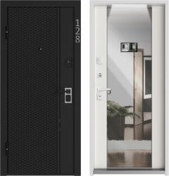 Отделка внешняя: МДФ панель с фрезеровкой 12мм, Цвет: Черный матовый  / внутренняя: МДФ панель с зеркалом 16мм, Цвет: Белый матовый  /  Замки Основной: Mottura 52J535M с перекодировкой (4 класс)  / дополнительный: Mottura 84.525/B (4 класс)  Стальная дверь Falko ВК-2 (входная металлическая дверь)