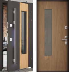 Отделка внешняя: Металл, цинкосодержащий грунт, полимерное покрытие, Цвет: Черный муар  / внутренняя: Ламинированная МДФ панель 16мм, Цвет: Дуб структурный  /  Замки Основной: Rezident RNB SA с перекодировкой (4 класс)  / дополнительный: Mottura 50.798 (4 класс)  Входная дверь Falko Арктика с терморазрывом Дизайн 8 (стальная дверь, металлическая дверь)