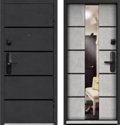 Отделка внешняя: МДФ панель с молдингами 12мм, Цвет: Бетон графит  / внутренняя: МДФ панель с зеркалом 16мм, Цвет: Бетон светлый  /  Замки Основной: Smart v1.0 (4 класс)  / дополнительный: Гардиан 32.01 (4 класс)  Стальная дверь Falko М-700 (входная металлическая дверь)