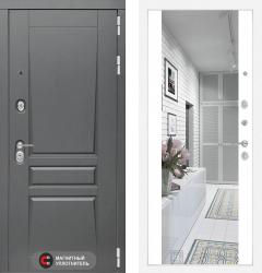 Отделка внешняя: МДФ панель с фрезеровкой 16мм, Цвет: Альберо Грей  / внутренняя: МДФ панель с зеркалом 16мм, Цвет: Белый софт  /  Замки Основной: Kale 252 (4 класс)  / дополнительный: KALE 447L (3 класс)  Входная дверь Labirint Платинум с зеркалом Максимум "Белый софт" (стальная дверь, металлическая дверь)