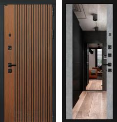 Отделка внешняя: МДФ панель с фрезеровкой 10мм, Цвет: Дуб кантри темный  / внутренняя: МДФ панель с зеркалом 16мм, Цвет: Бетон светлый  /  Замки Основной: Kale 252 (4 класс)  / дополнительный: Kale 257 (3 класс)  Входная дверь Labirint Storm с зеркалом Максимум "Бетон светлый" (стальная дверь, металлическая дверь)