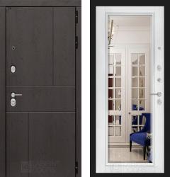 Отделка внешняя: МДФ панель с фрезеровкой 10мм, Цвет: Горький шоколад  / внутренняя: МДФ панель с зеркалом 16мм, Цвет: Белый софт  /  Замки Основной: Гардиан 32.11 (4 класс)  / дополнительный: Border ЗВ 8-6 К5 (4 класс)  дверь Labirint Urban с зеркалом Фацет (металлическая дверь Labirint Urban с зеркалом Фацет, железная дверь)