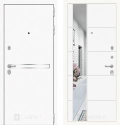 Отделка внешняя: Металл с зеркальной вставкой из нержавеющей стали, Цвет: Шагрень белая  / внутренняя: МДФ панель с зеркалом 12мм, Цвет: Белый софт  /  Замки Основной: Гардиан 32.11 (4 класс)  / дополнительный: Border ЗВ 8-6 К5Т (4 класс)  дверь Labirint Лайн WHITE 19 "Белый софт" (металлическая дверь Labirint Лайн WHITE 19 "Белый софт", железная дверь)