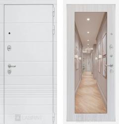 Отделка внешняя: МДФ панель с фрезеровкой 10мм, Цвет: Белый камень  / внутренняя: МДФ панель с зеркалом 12мм, Цвет: Сандал белый  /  Замки Основной: Гардиан 32.11 (4 класс)  / дополнительный: Border ЗВ 8-6 К5Т (4 класс)  Входная дверь Labirint Trendo 18 "Сандал белый" (стальная дверь, металлическая дверь)
