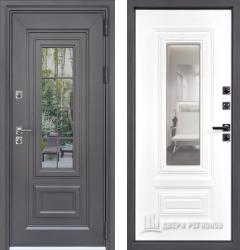 Отделка внешняя: Металл, цинкосодержащий грунт, полимерное покрытие, Цвет: Муар Меланж  / внутренняя: МДФ панель с фрезеровкой 16мм, Цвет: Белый матовый  /  Замки Основной: Kale 252 RL (3 класс)  / дополнительный: Kale 257 (3 класс)  дверь Regidoors Сибирь ТЕРМО (металлическая дверь Regidoors Сибирь ТЕРМО, железная дверь)