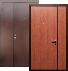 Отделка внешняя: Металл с порошковым напылением, Цвет: Антик медный  / внутренняя: гладкая МДФ панель 6мм, Цвет: Орех итальянский  /  Замки Основной: Гардиан 32.11 (4 класс)  дверь Страж Двустворчатая "Стандарт" (металлическая дверь Страж Двустворчатая "Стандарт", железная дверь)