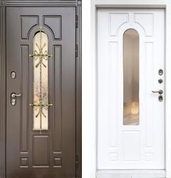 Отделка внешняя: Эмалированная МДФ панель 16мм, Цвет: RAL 8019  / внутренняя: влагостойкая МДФ панель с покрытием "винорит" 10мм, Цвет: Белый матовый  /  Замки Основной: Border Termo G 9-6 Э (4 класс)  / дополнительный: Border Termo G 8-6 Э (4 класс)  Входная дверь Страж Термо Лацио Эмаль RAL 8019 / Белый матовый Ковка со стеклопакетом (стальная дверь, металлическая дверь)