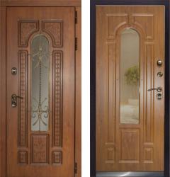 Отделка внешняя: влагостойкая МДФ панель с покрытием "винорит" 16мм, Цвет: Дуб золотой с патиной  / внутренняя: влагостойкая МДФ панель с покрытием "винорит" 16мм, Цвет: Дуб золотой с патиной  /  Замки Основной: Гардиан 30.11 (2 класс)  / дополнительный: Гардиан 30.01 (2 класс)  дверь Страж Термо Лацио "Орех" Ковка со стеклопакетом (металлическая дверь Страж Термо Лацио "Орех" Ковка со стеклопакетом, железная дверь)